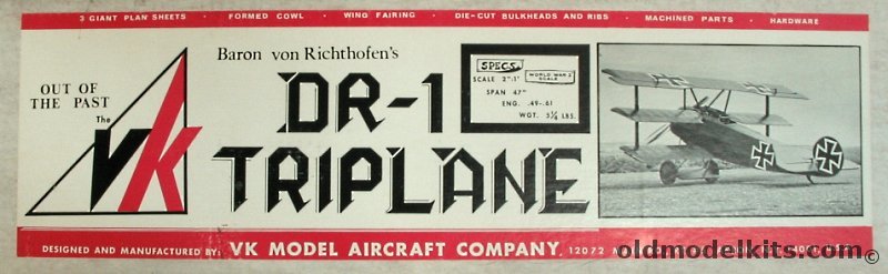 VK Model Aircraft Co Baron von Richthofen's Fokker DR-1 Triplane - 47 inch Wingspan RC Airplane plastic model kit